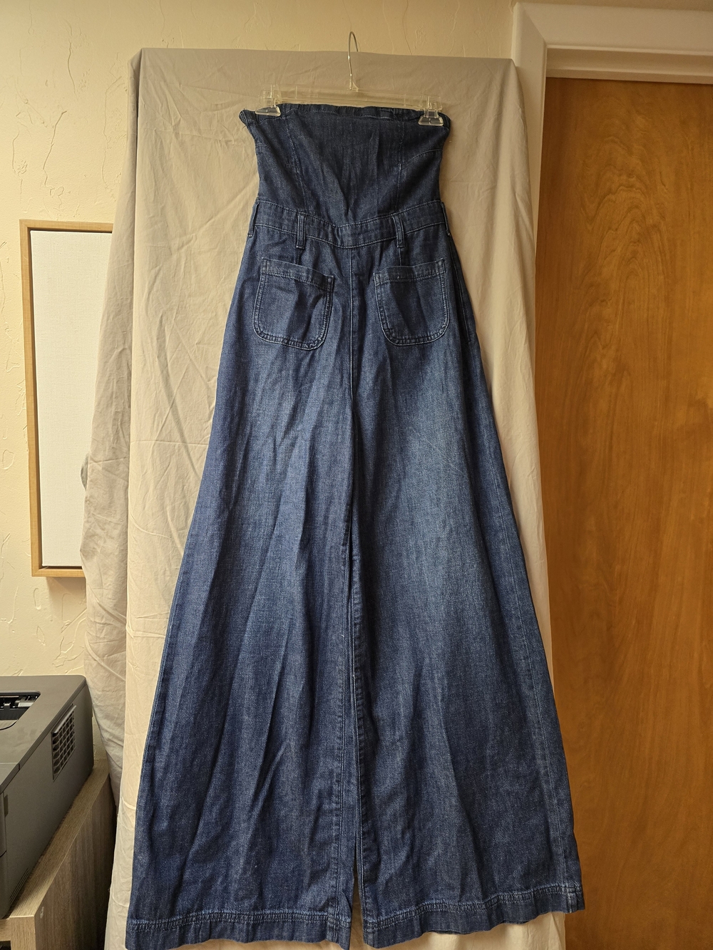 Pilcro and the Letterpress Dark Blue Strapless Wide-Leg Denim Jumpsuit